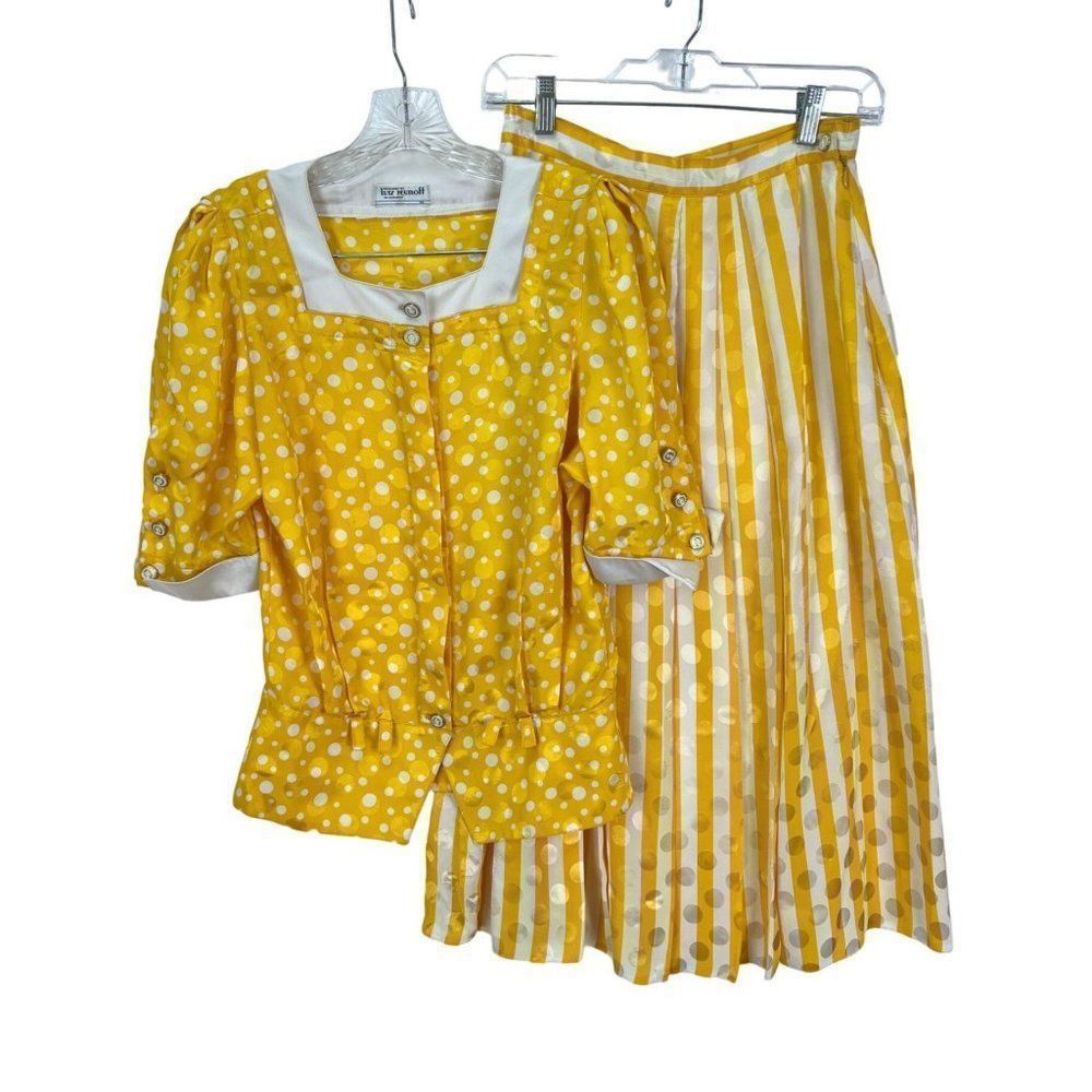 VTG Lutz Teutloff West Germany White Yellow Polka Dot Striped Blouse Skirt 36/8